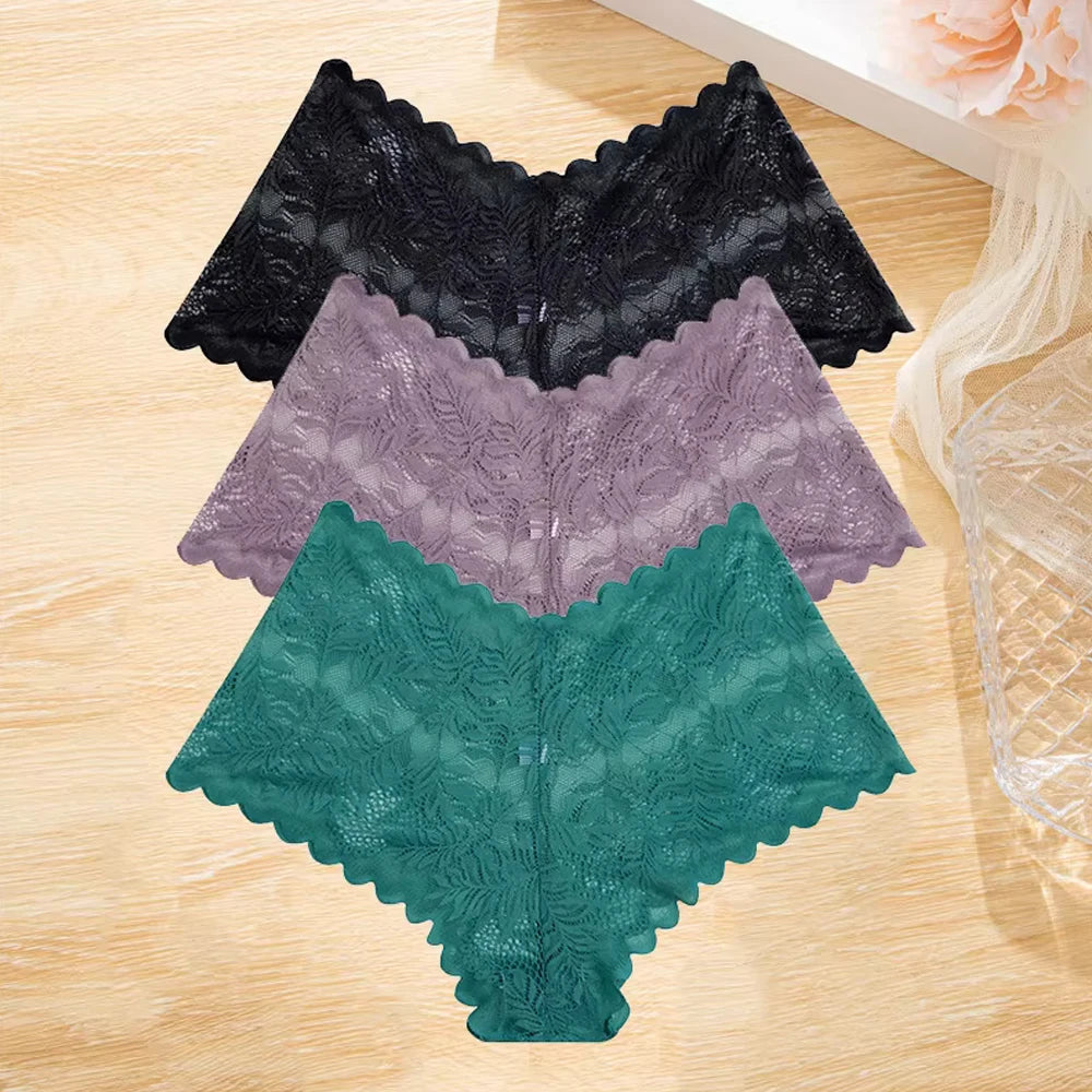 3Pcs/set Lace Boyshort Panties Women Low-Rise Floral Underwear S-XL