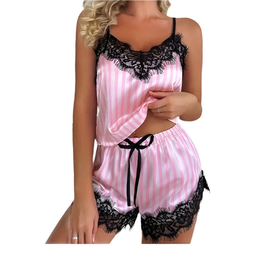 Two Piece Women's V-Neck Sexy Lace Suspender Pajama Shorts Set