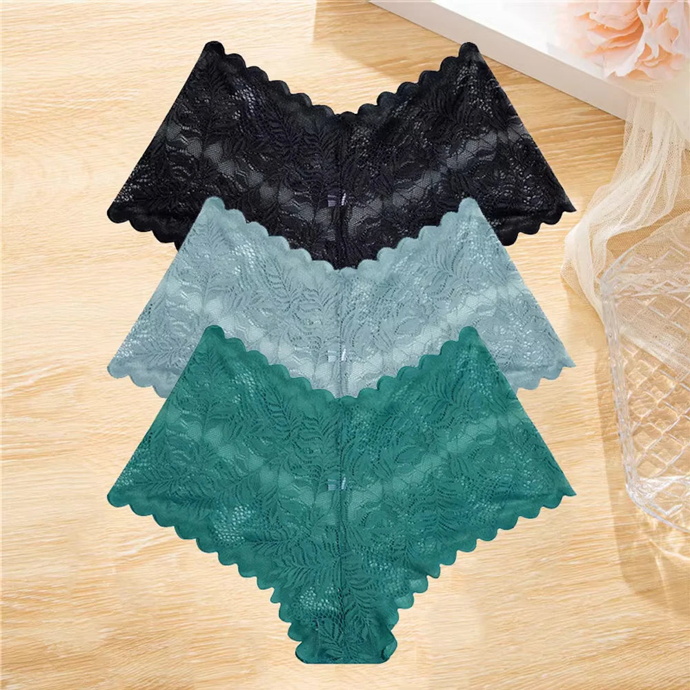 3Pcs/set Lace Boyshort Panties Women Low-Rise Floral Underwear S-XL