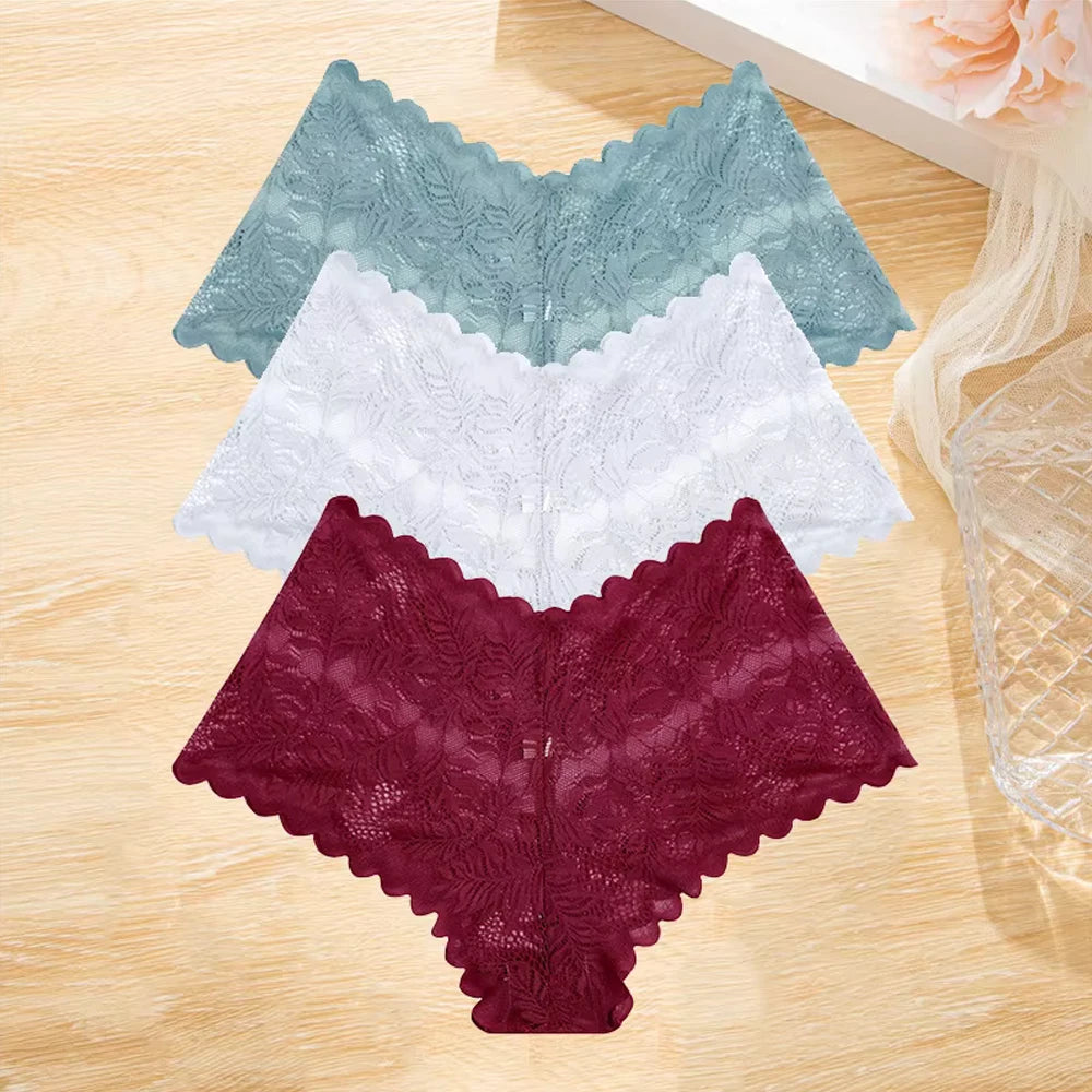 3Pcs/set Lace Boyshort Panties Women Low-Rise Floral Underwear S-XL