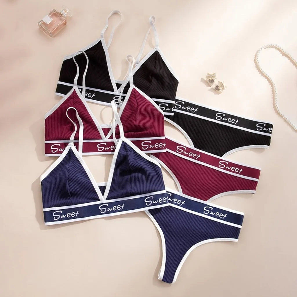 Cotton Bra and Panty for Woman Set V Shaped Triangle Cup Wireless Bra