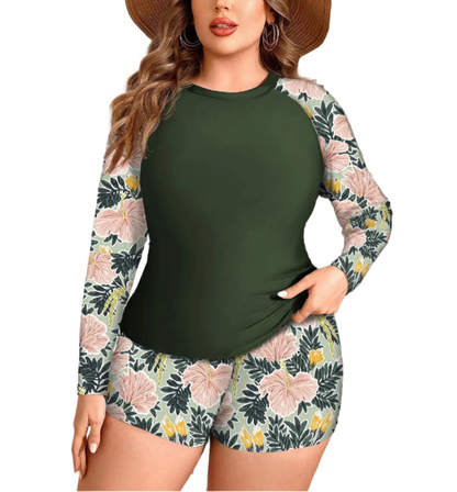 Long Sleeves Solid Printed Plus Size Tankini Swimwear