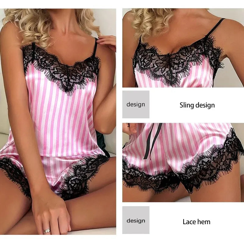 Two Piece Women's V-Neck Sexy Lace Suspender Pajama Shorts Set