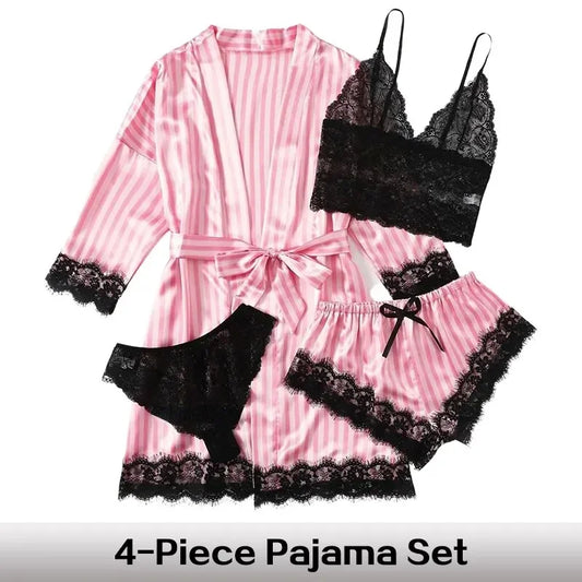 Women's Summer Fashion And Comfortable Nightwear Lace Satin With Silk Sleepwear Robe Sexy Pajama