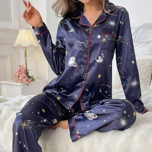 Women Pajama Set Flower Print Satin Long Sleeve Lapel Pant