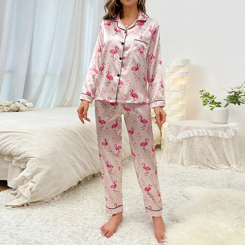 Women Satin Flamingo Print Tops & Pants Sleepwear 2 Pieces