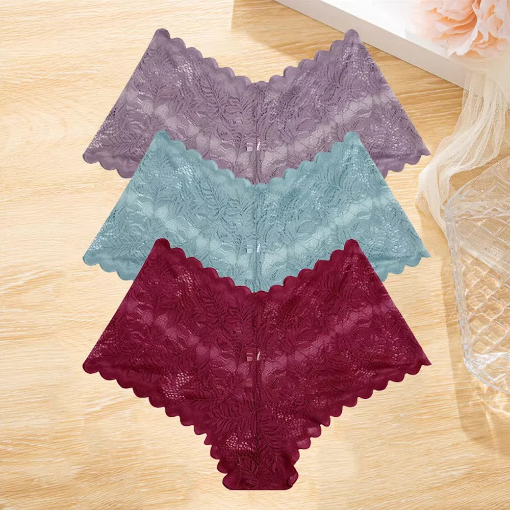 3Pcs/set Lace Boyshort Panties Women Low-Rise Floral Underwear S-XL