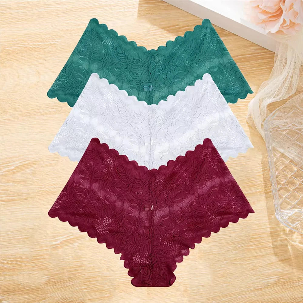 3Pcs/set Lace Boyshort Panties Women Low-Rise Floral Underwear S-XL