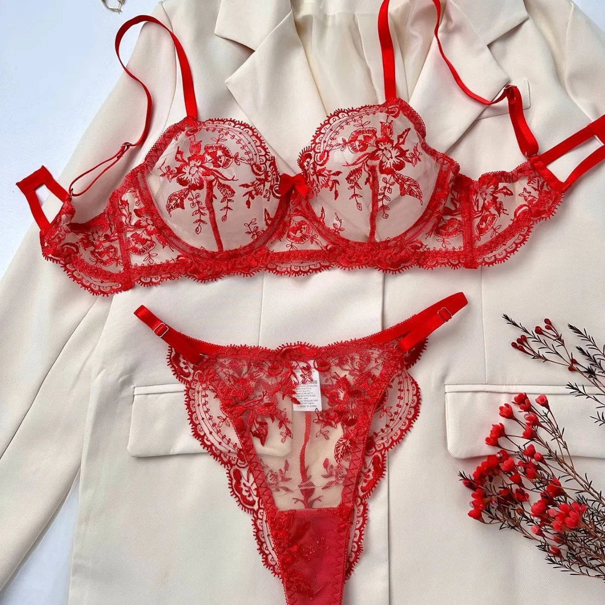 High-end Temperament Style Floral Embroidery Transparent Mesh Temptation Set