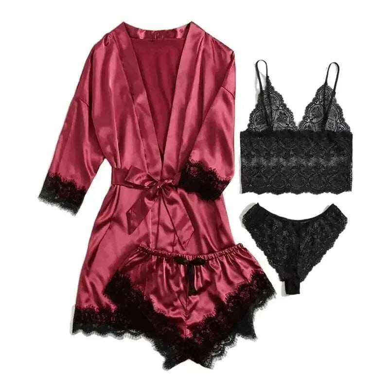 Women's Summer Fashion And Comfortable Nightwear Lace Satin With Silk Sleepwear Robe Sexy Pajama