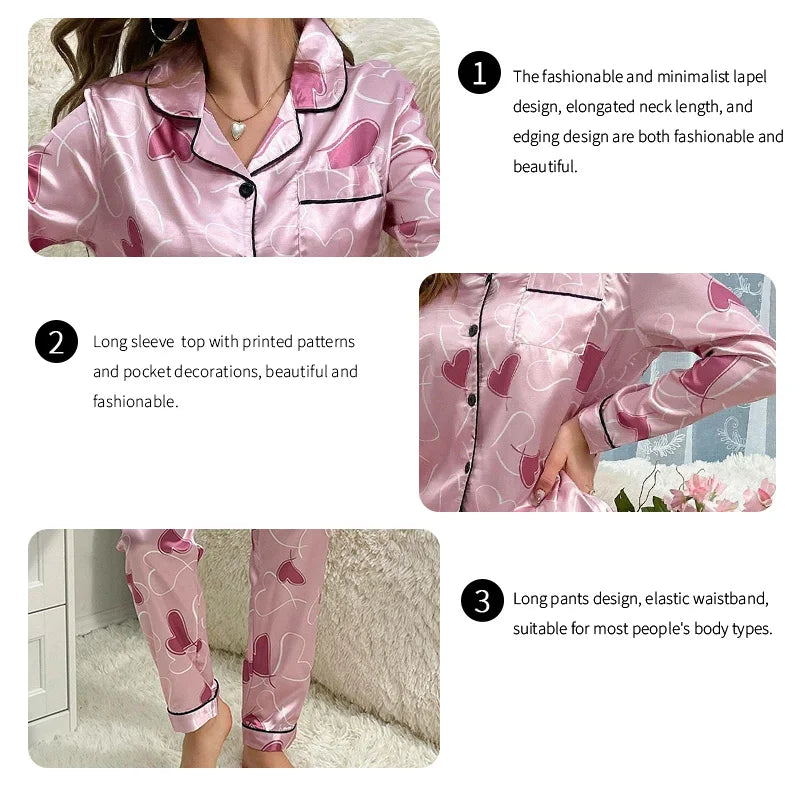 Satin Heart Print Pajama Set Long Sleeve Lapel Top with Pocket Elastic Waistband Pants