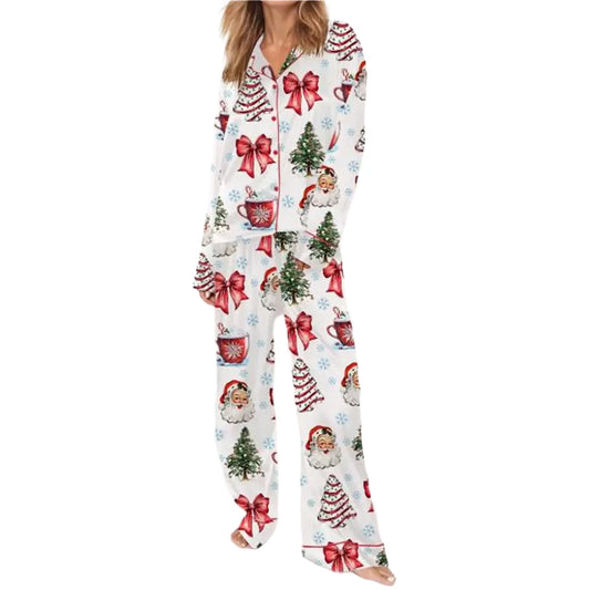 2 Piece Loungewear Pajamas Set Long Sleeve Christmas Elements Print Shirt Tops +Elastic Waist Pants Sleepwear