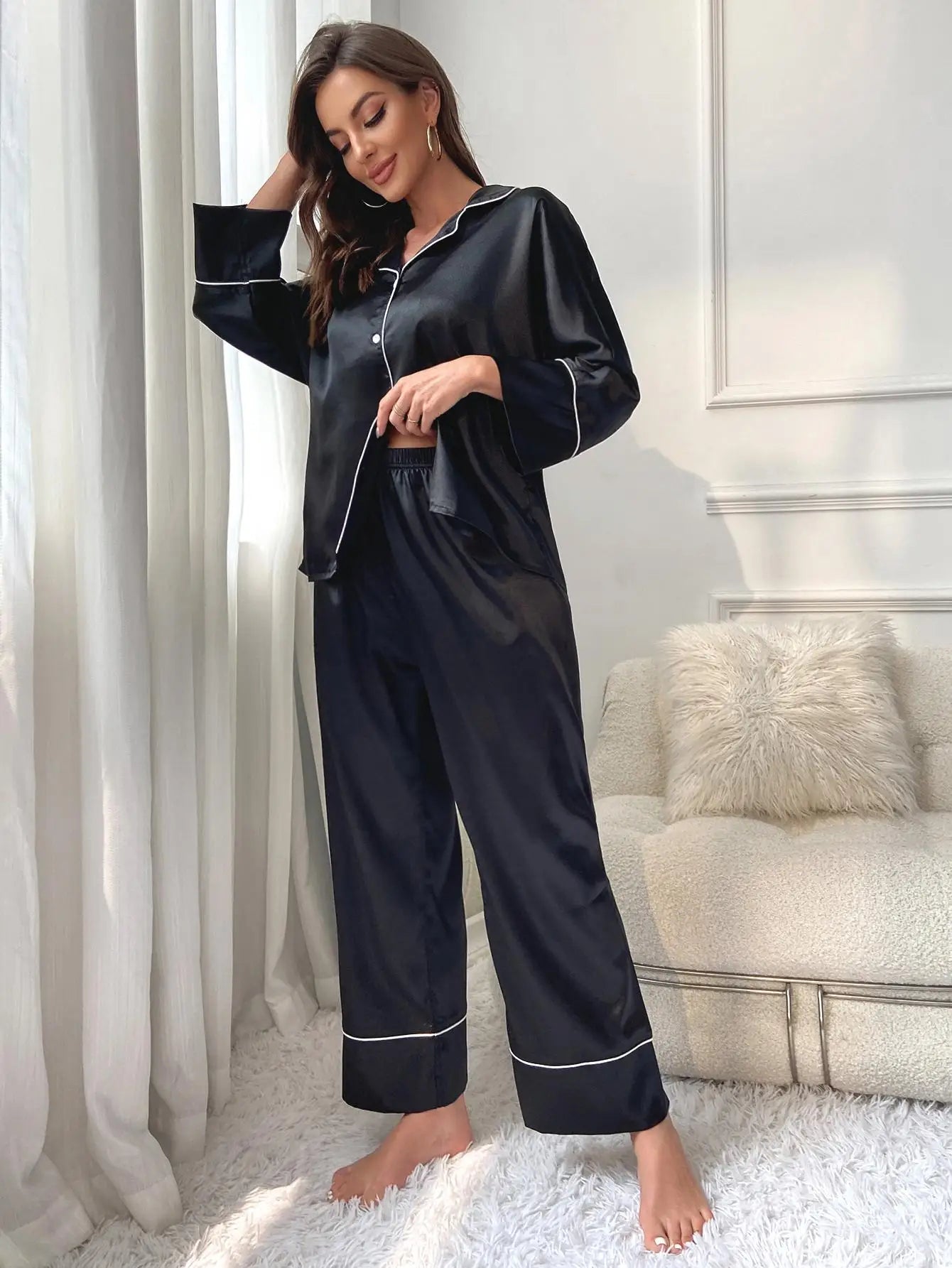 Silk Satin Women‘s Pajamas Set Notched Collar Top & Wide Leg Long Pants