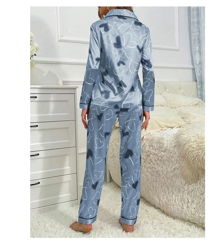 Satin Heart Print Pajama Set Long Sleeve Lapel Top with Pocket Elastic Waistband Pants