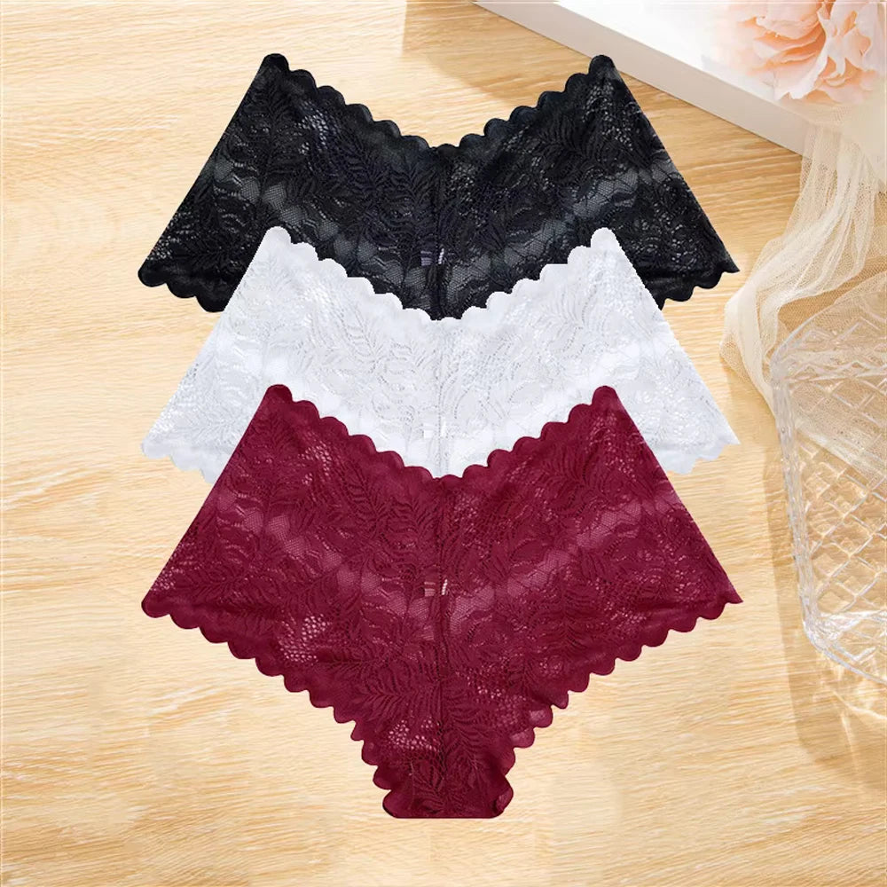 3Pcs/set Lace Boyshort Panties Women Low-Rise Floral Underwear S-XL