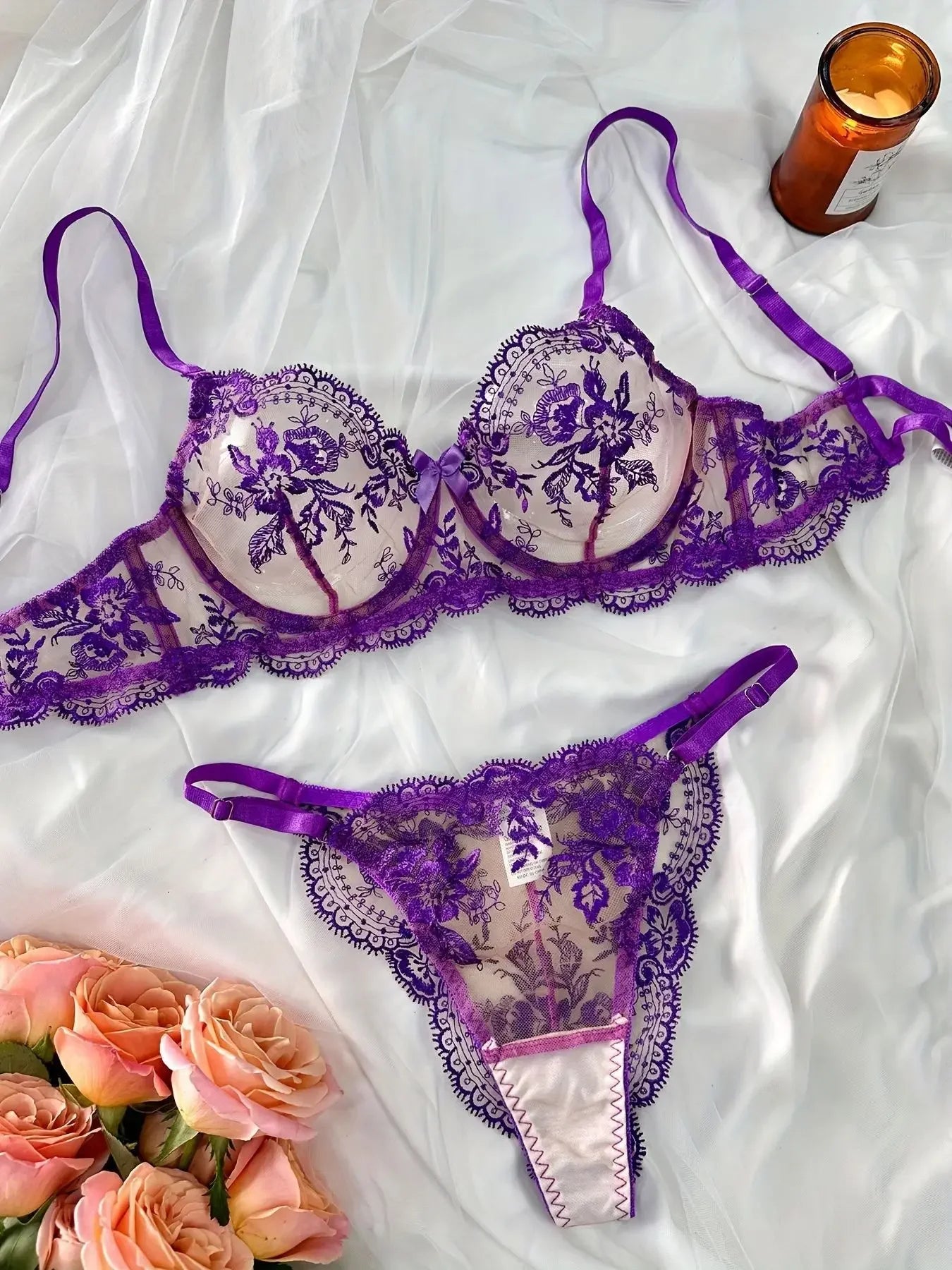 High-end Temperament Style Floral Embroidery Transparent Mesh Temptation Set