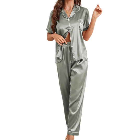 Heart Embroidery Satin Pajama Set Casual Short Sleeve