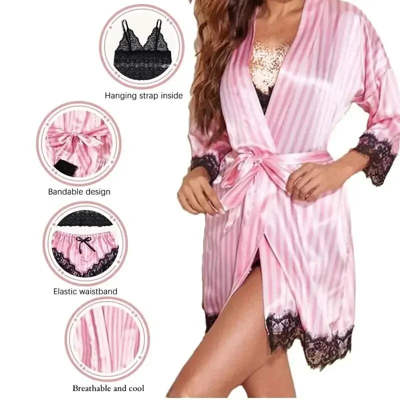 Women's Summer Fashion And Comfortable Nightwear Lace Satin With Silk Sleepwear Robe Sexy Pajama