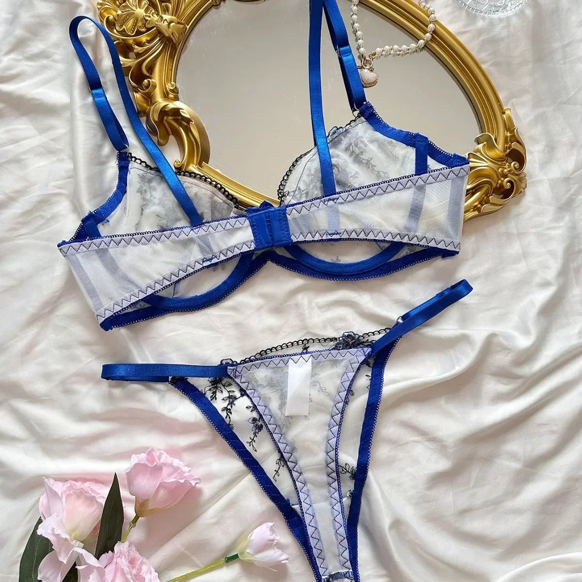 High-end Temperament Style Floral Embroidery Transparent Mesh Temptation Set