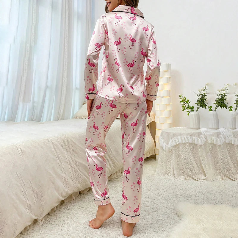 Women Satin Flamingo Print Tops & Pants Sleepwear 2 Pieces