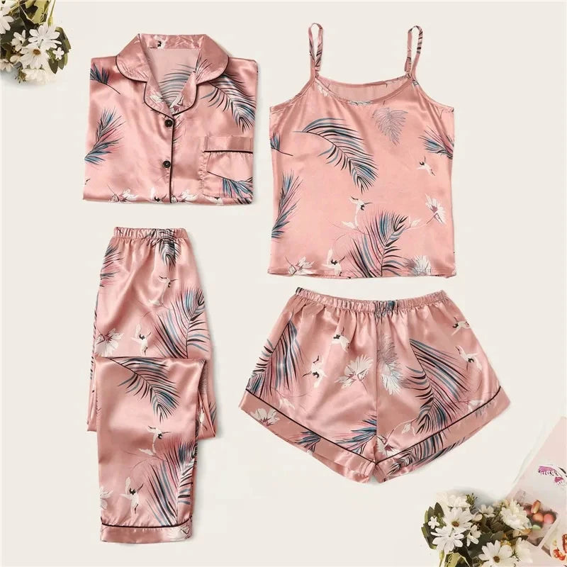 Four Piece Set of Women Colorful Printed Long Sleeved, Pant, Top and Short