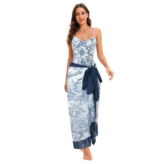 One-Piece Bikini Wrap Skirts Floral Print Swimsuit Slimming Backless Tummy Control Swimwear
