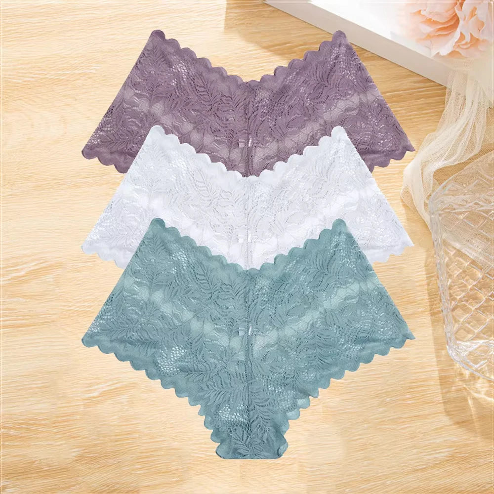 3Pcs/set Lace Boyshort Panties Women Low-Rise Floral Underwear S-XL