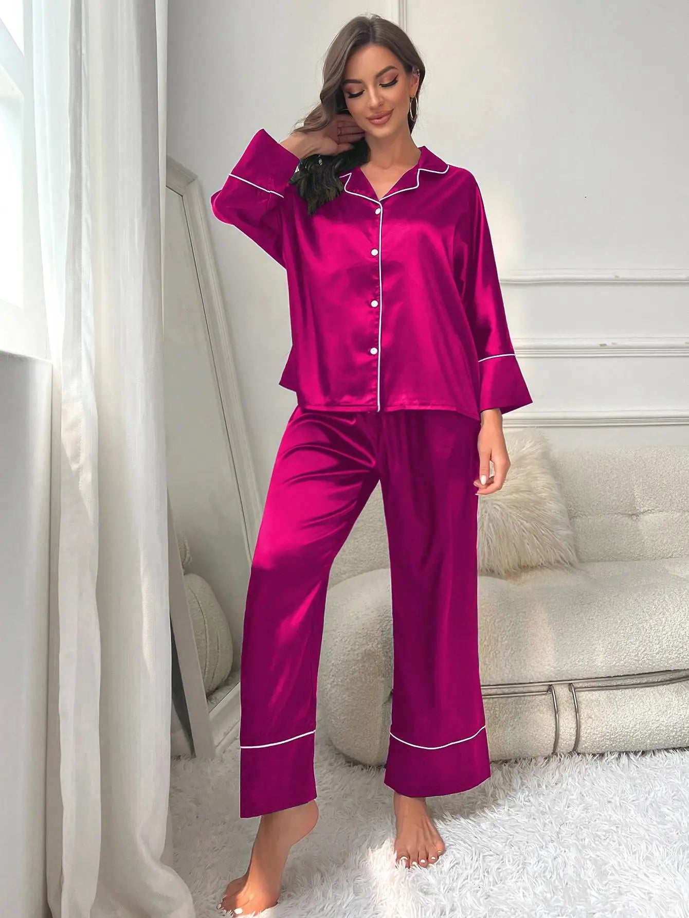 Silk Satin Women‘s Pajamas Set Notched Collar Top & Wide Leg Long Pants