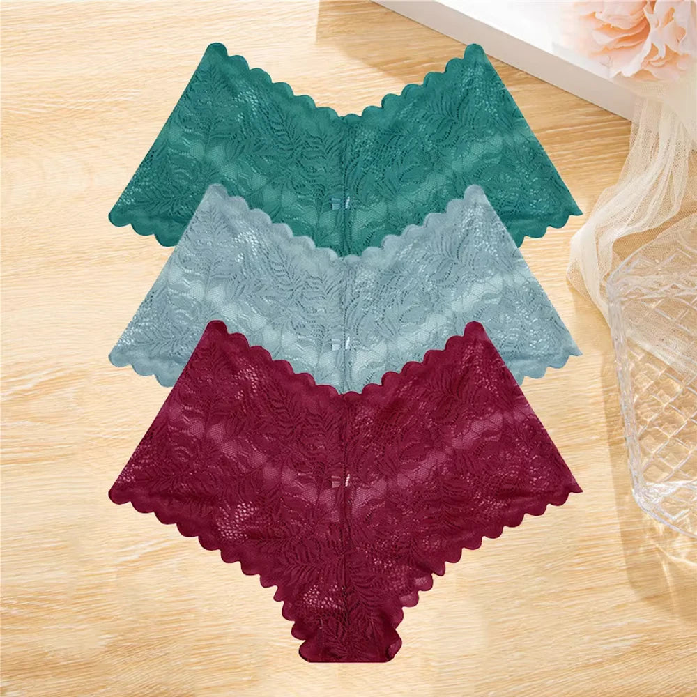 3Pcs/set Lace Boyshort Panties Women Low-Rise Floral Underwear S-XL