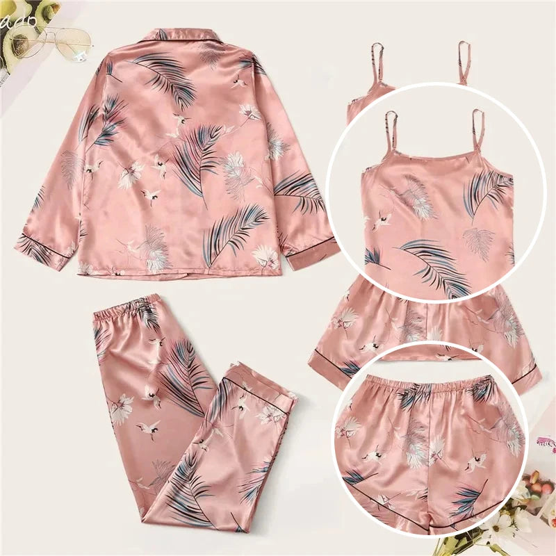 Four Piece Set of Women Colorful Printed Long Sleeved, Pant, Top and Short