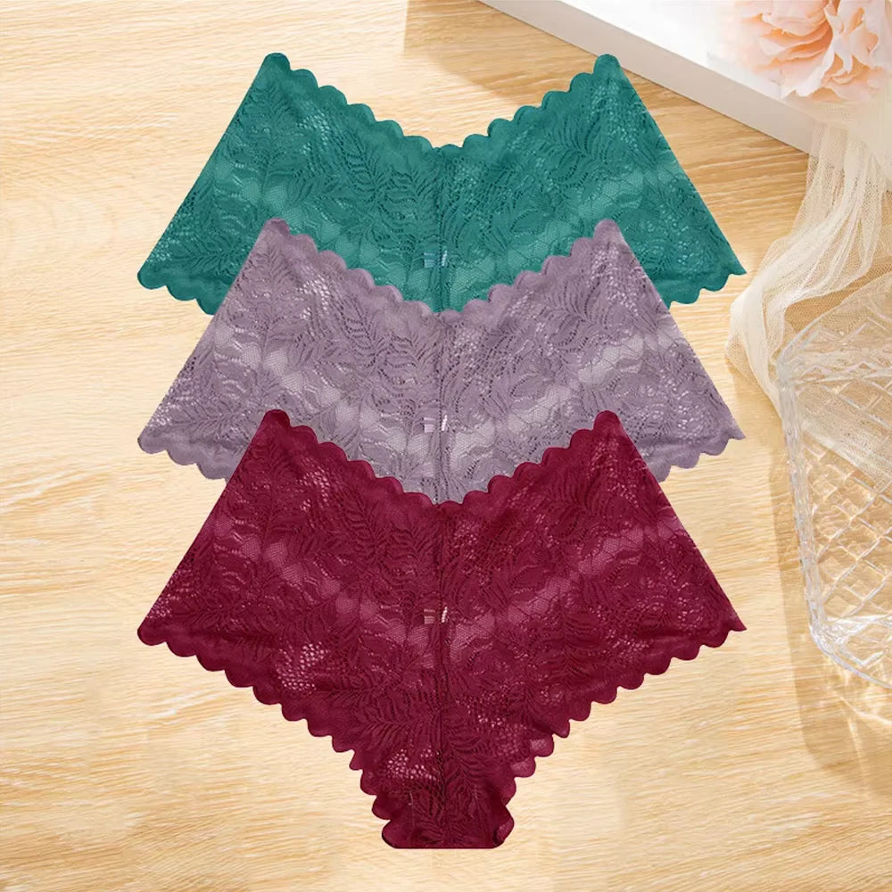 3Pcs/set Lace Boyshort Panties Women Low-Rise Floral Underwear S-XL