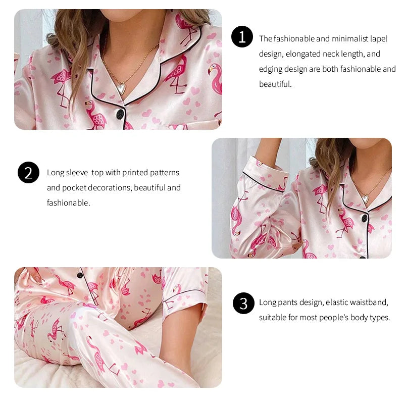 Women Satin Flamingo Print Tops & Pants Sleepwear 2 Pieces