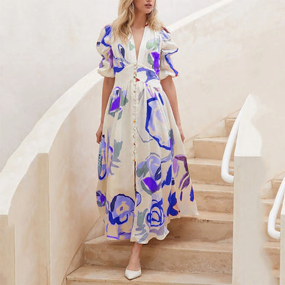 Print  Summer V-neck Button Short Sleeve Dress