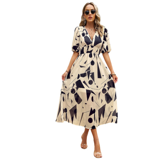 New V-neck Printed Short-sleeved Long Dress