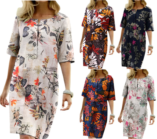 Summer Floral Leaf Print Slit Round Neck Half Sleeve Dress