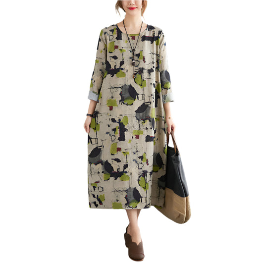 Cotton Linen Vintage Floral Print Dress