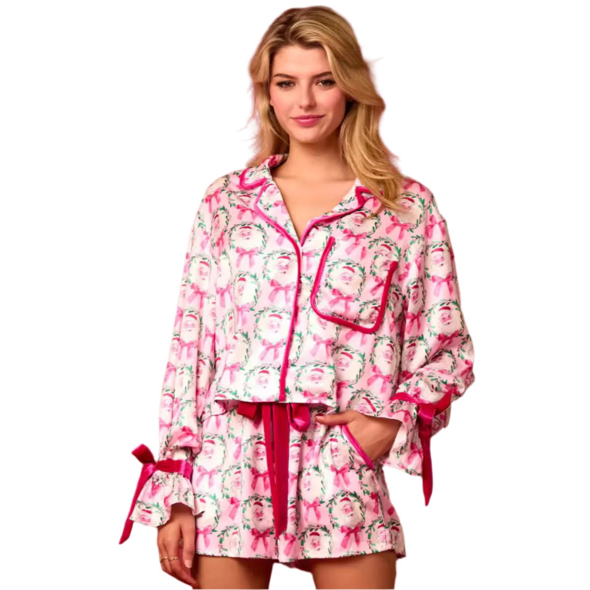 2 Pcs Women's Christmas Pajama Set Santa Tree Print Lapel Neck Button-up Long Sleeve Tops Shorts Loungewear Outfit