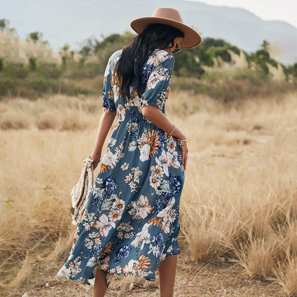 Floral Summer Dress With V Neck Elastic Waist