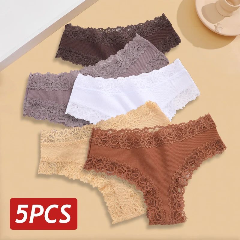 5PCS Set Women Lace Seamless Cotton Sexy Brazilian Panties