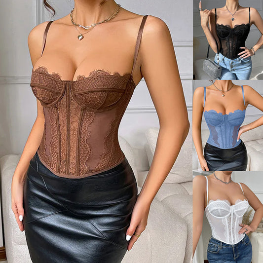 Women Tank Lace Spaghetti Strap Top Sleeveless Tops Open Back Bone Corset