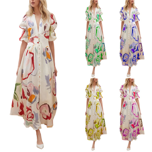 Print  Summer V-neck Button Short Sleeve Dress