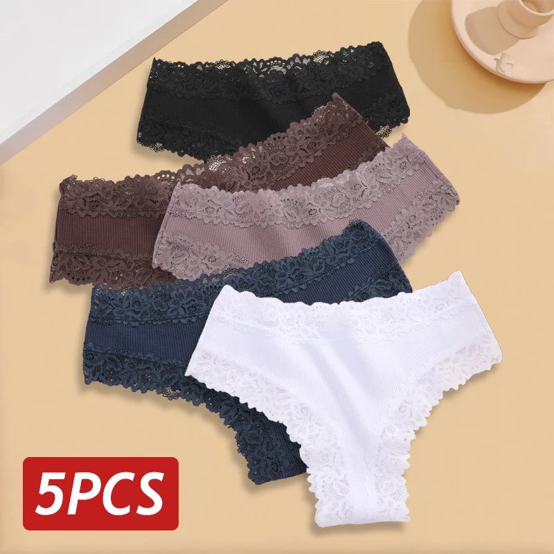 5PCS Set Women Lace Seamless Cotton Sexy Brazilian Panties
