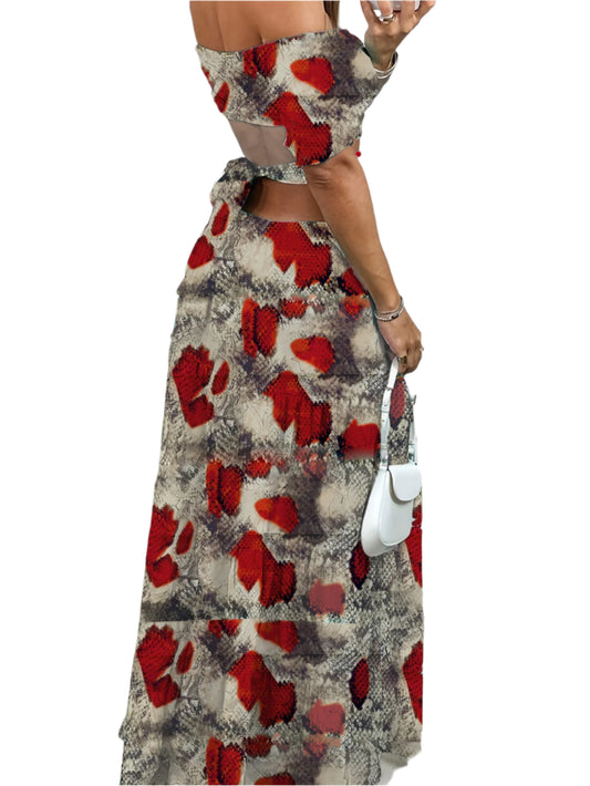 Printed One-line Collar Short-sleeved Long Dress With Hollow Waist