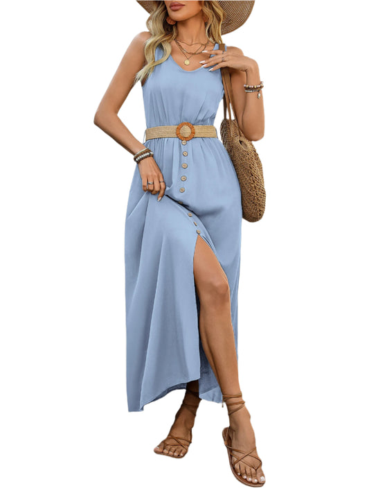 Summer Round-neck Sleeveless Split Dress With Button Design