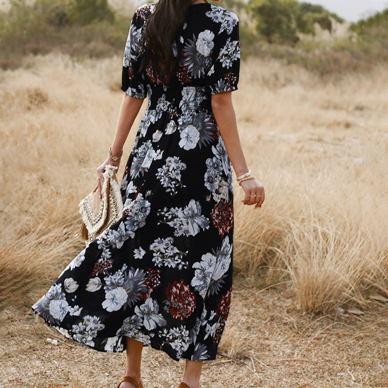 Floral Summer Dress With V Neck Elastic Waist