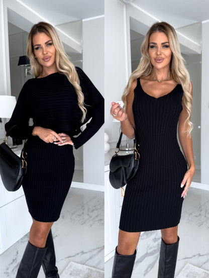 2pcs Suit Women's Solid Stripe Long-sleeved Top And Tight Suspender Dress