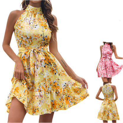 New Flowers Print Halter neck Lace-up Ruffled Dress
