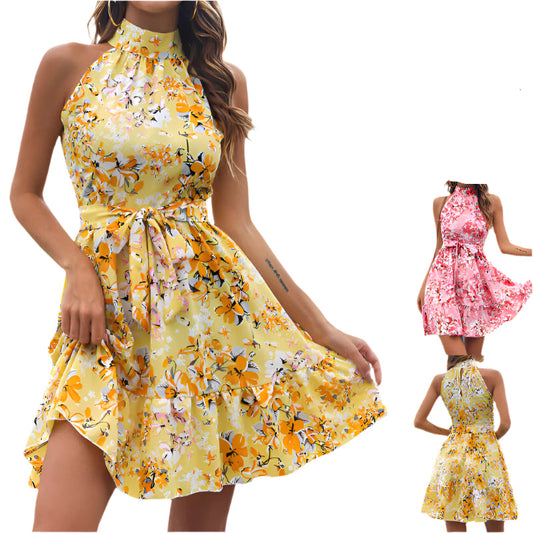 New Flowers Print Halter neck Lace-up Ruffled Dress