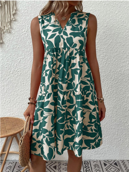 Bohemian Loose V-neck Pleated Print Sleeveless Dres
