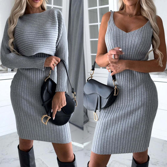 2pcs Suit Women's Solid Stripe Long-sleeved Top And Tight Suspender Dress